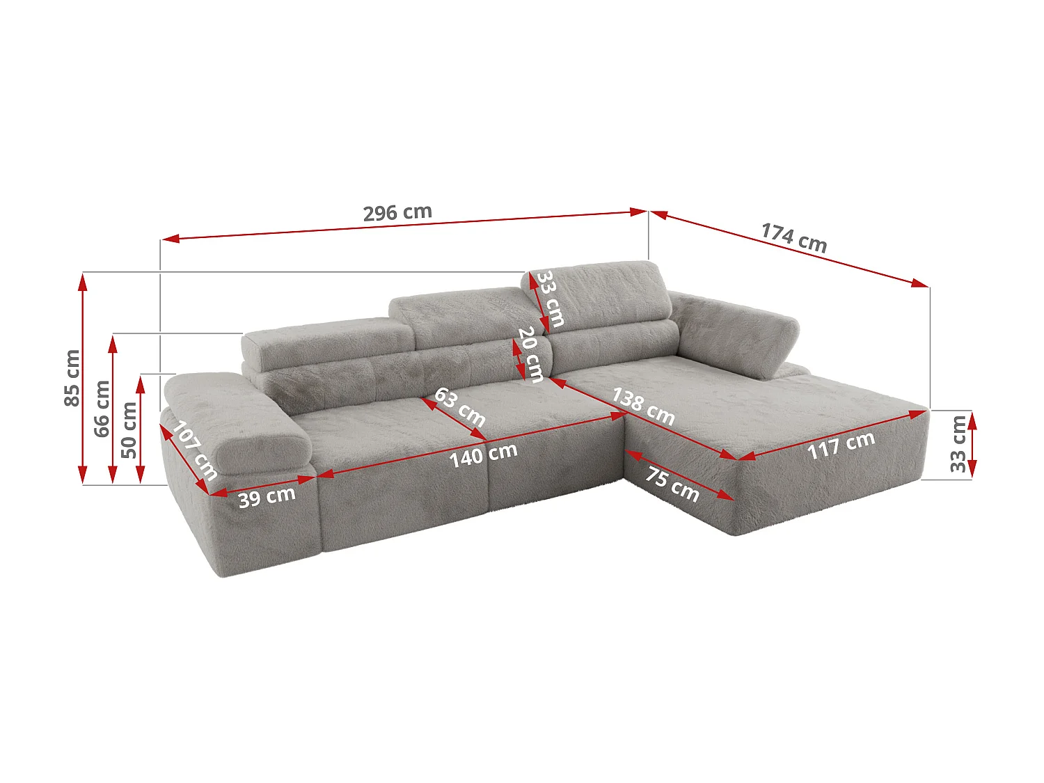 Ecksofa RILASSO - L-förmige Ecke mit Relax-funktion, elektrisch verstellbarer Sitz, Armlehnen - Hellgrau Plüsch - Ecke Rechts