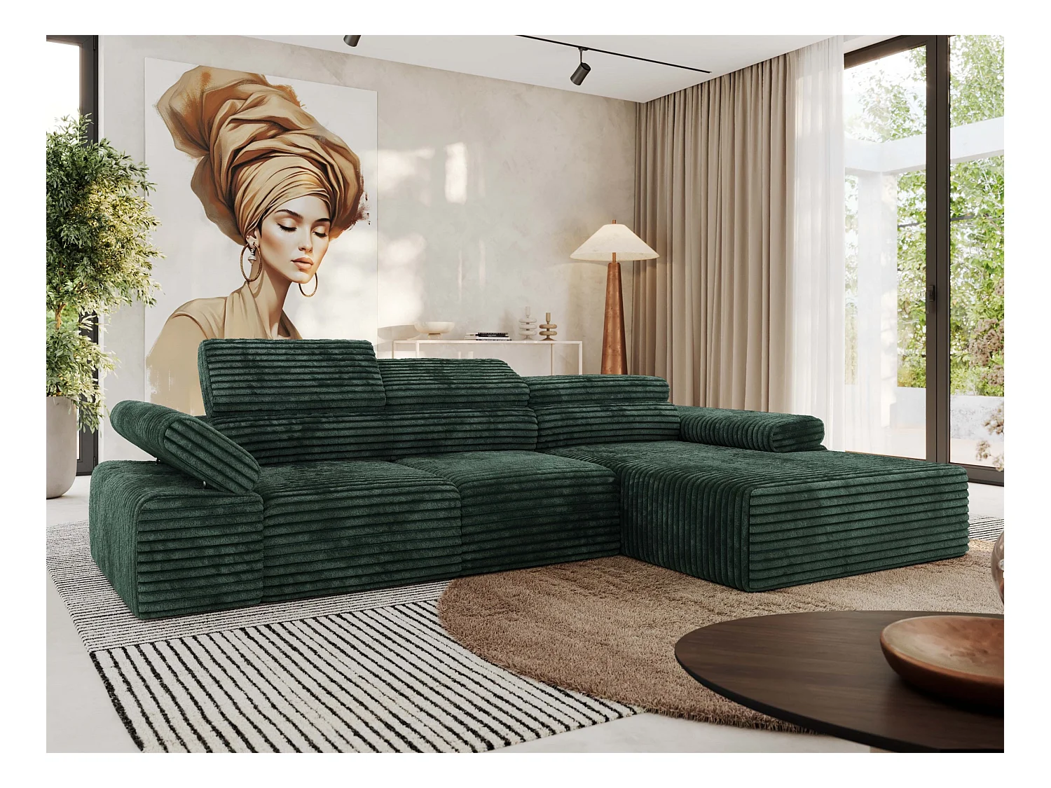 Ecksofa RILASSO - L-förmige Ecke mit Relax-funktion, elektrisch verstellbarer Sitz, Armlehnen - Grün Cord - Ecke Rechts
