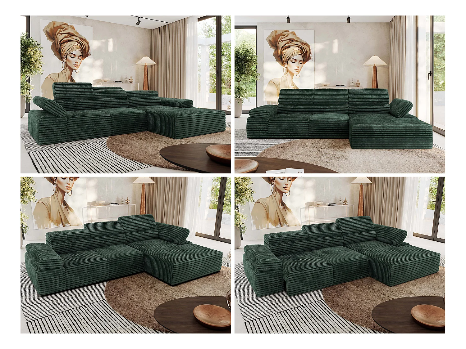 Ecksofa RILASSO - L-förmige Ecke mit Relax-funktion, elektrisch verstellbarer Sitz, Armlehnen - Grün Cord - Ecke Rechts