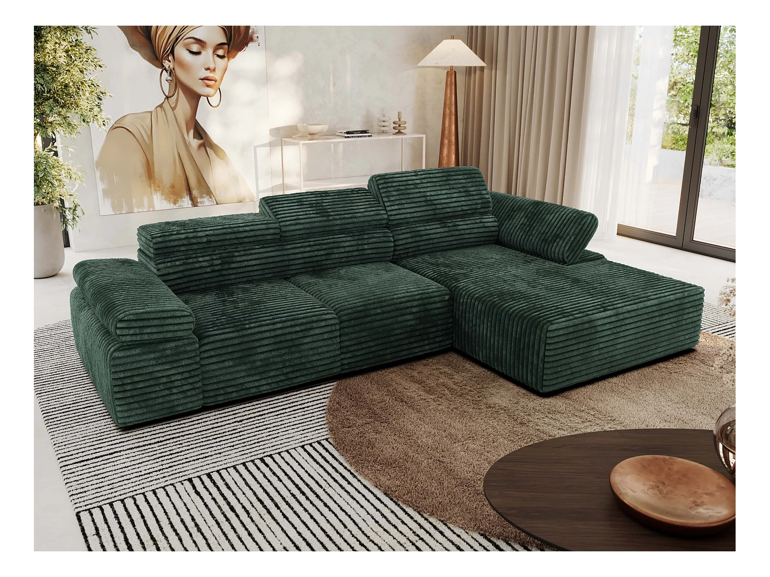Ecksofa RILASSO - L-förmige Ecke mit Relax-funktion, elektrisch verstellbarer Sitz, Armlehnen - Grün Cord - Ecke Rechts