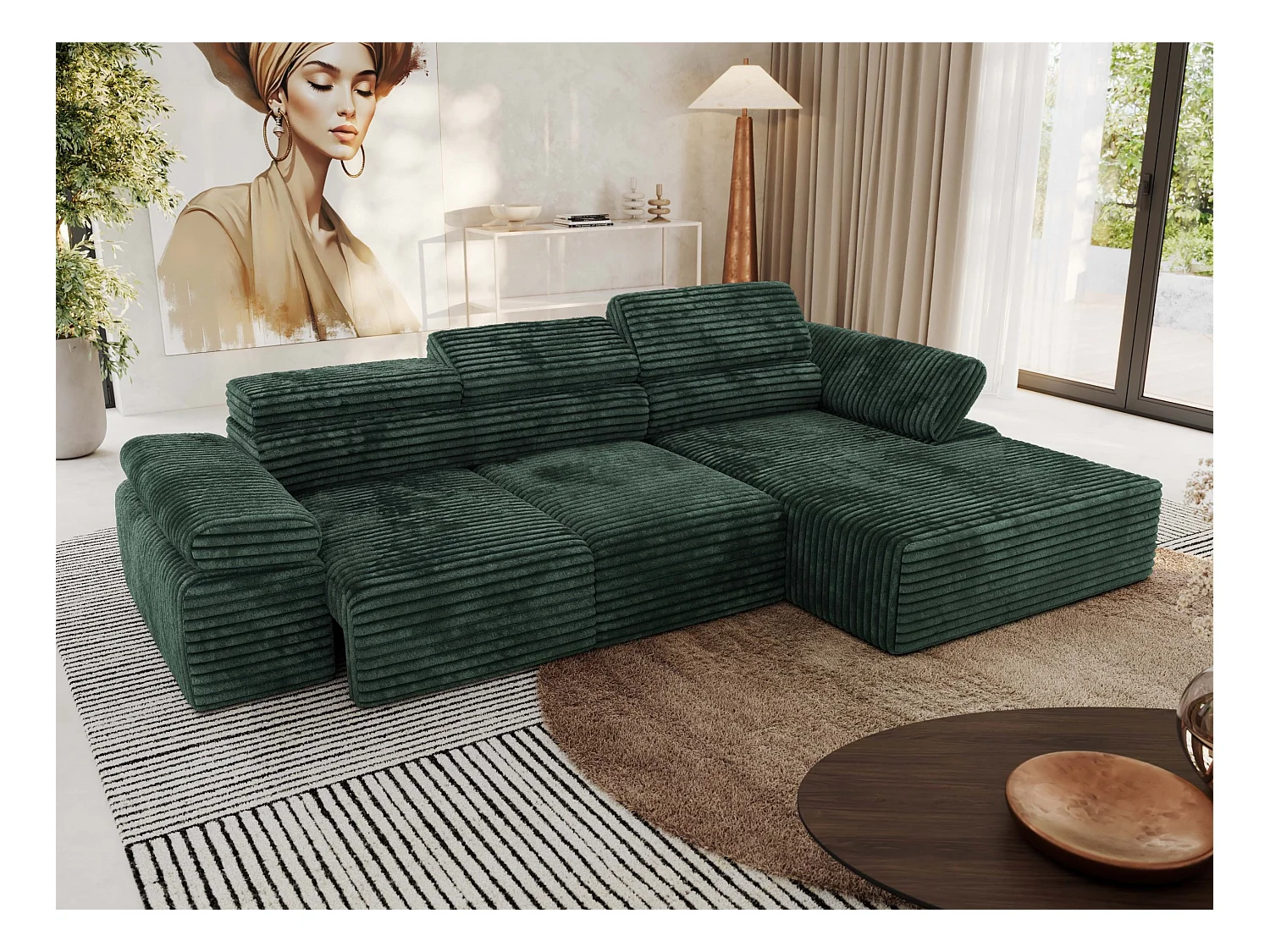 Ecksofa RILASSO - L-förmige Ecke mit Relax-funktion, elektrisch verstellbarer Sitz, Armlehnen - Grün Cord - Ecke Rechts