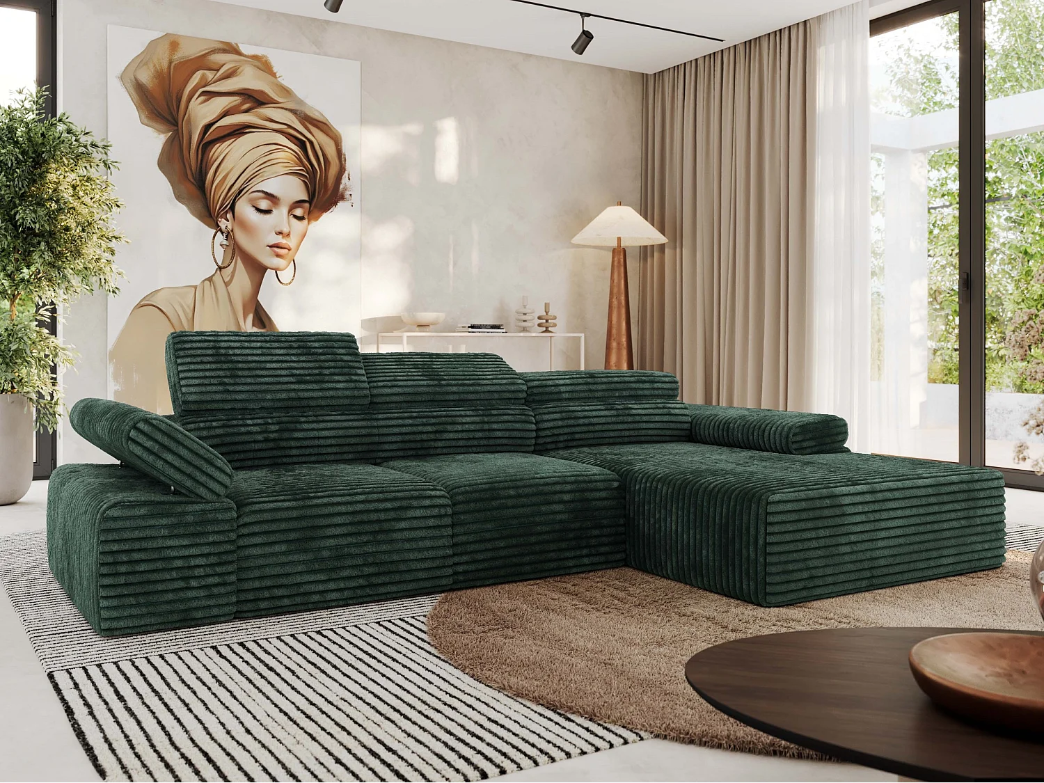 Ecksofa RILASSO - L-förmige Ecke mit Relax-funktion, elektrisch verstellbarer Sitz, Armlehnen - Grün Cord - Ecke Rechts