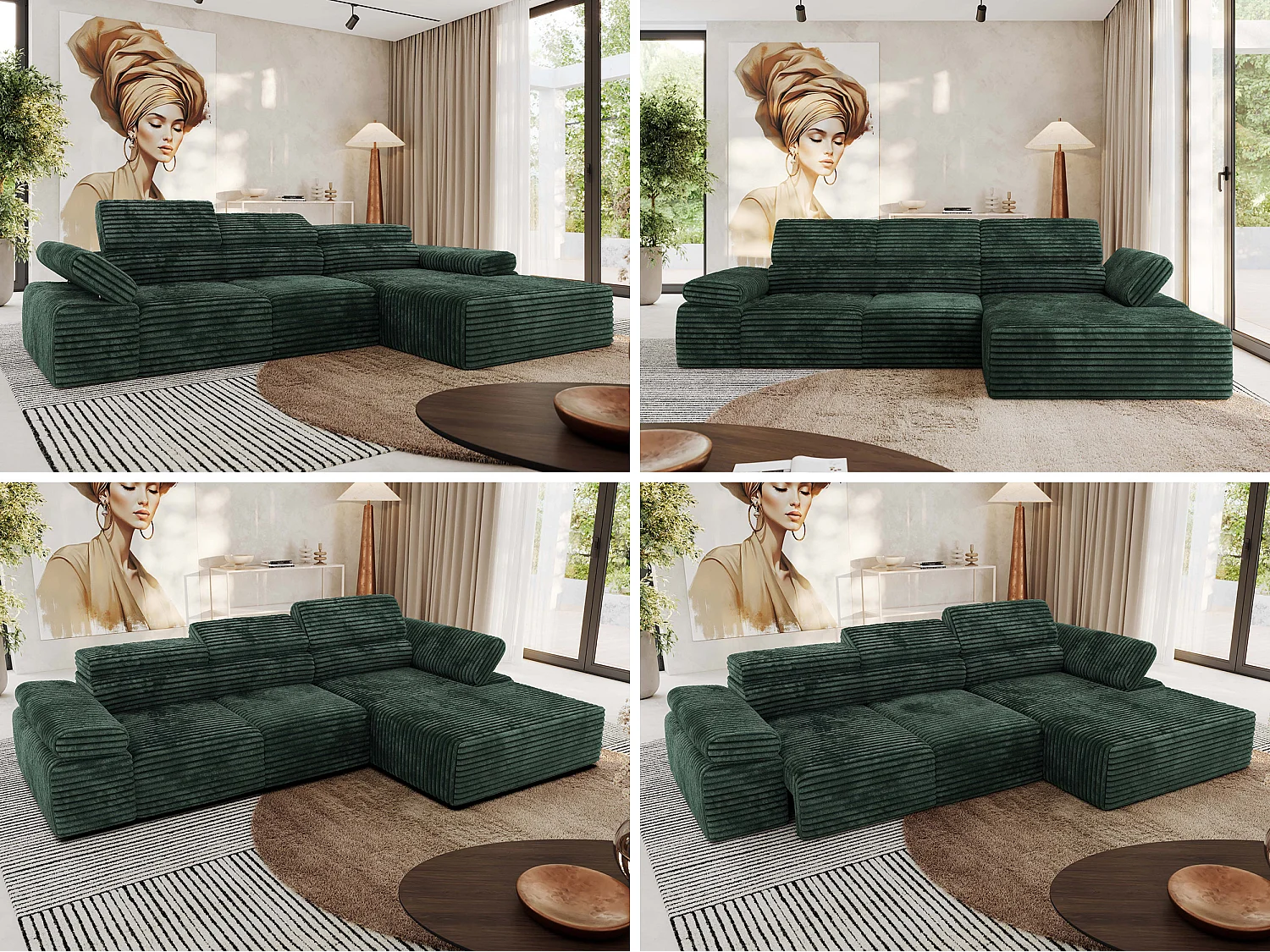 Ecksofa RILASSO - L-förmige Ecke mit Relax-funktion, elektrisch verstellbarer Sitz, Armlehnen - Grün Cord - Ecke Rechts