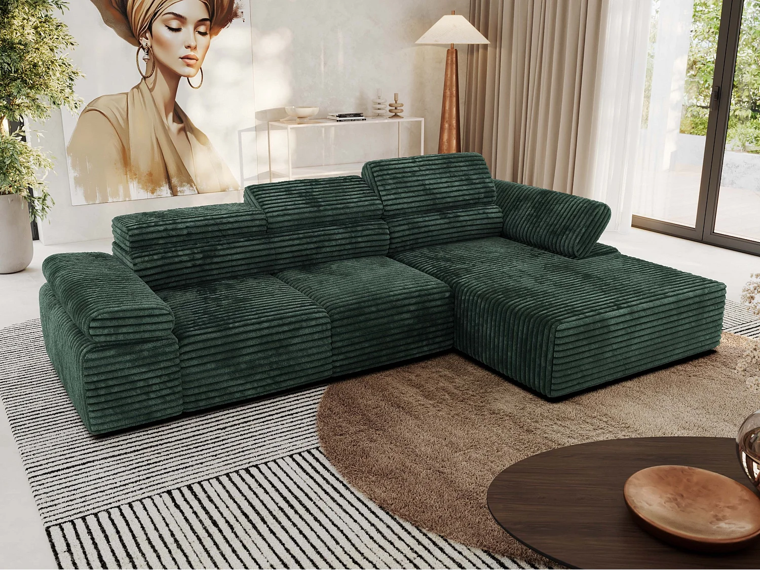 Ecksofa RILASSO - L-förmige Ecke mit Relax-funktion, elektrisch verstellbarer Sitz, Armlehnen - Grün Cord - Ecke Rechts