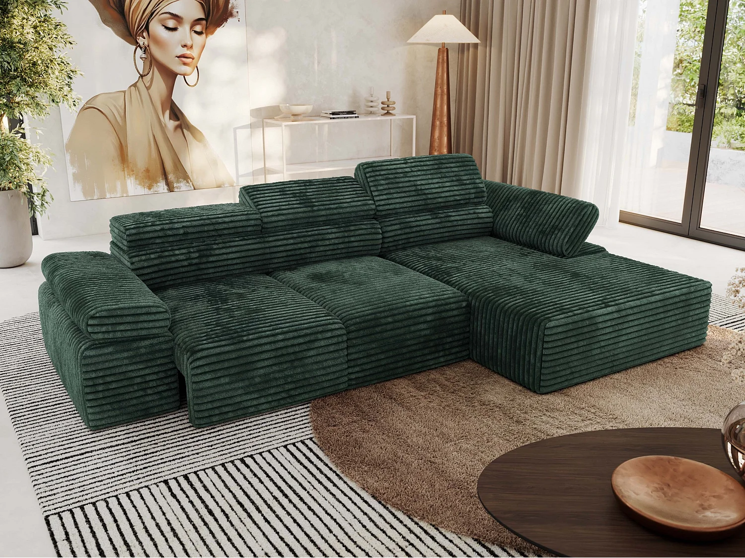 Ecksofa RILASSO - L-förmige Ecke mit Relax-funktion, elektrisch verstellbarer Sitz, Armlehnen - Grün Cord - Ecke Rechts