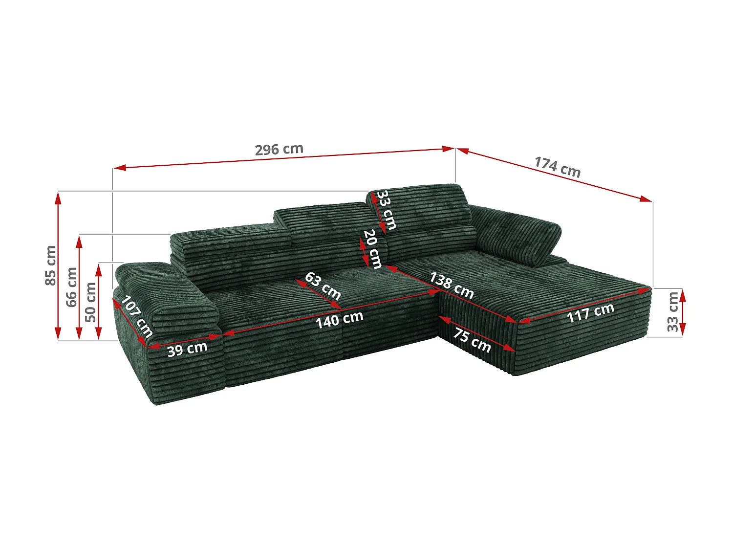 Ecksofa RILASSO - L-förmige Ecke mit Relax-funktion, elektrisch verstellbarer Sitz, Armlehnen - Grün Cord - Ecke Rechts