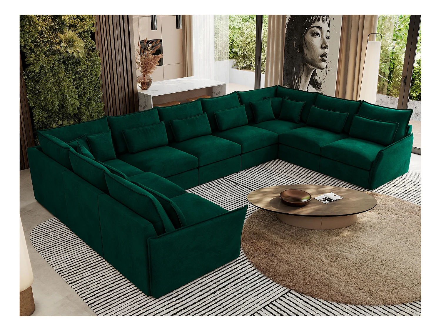Ecksofa VERSO U9M - XXL Wohnlandschaft Ecke, modulare, Armlehnen und lose Kissen - Dunkelgrün Velvet