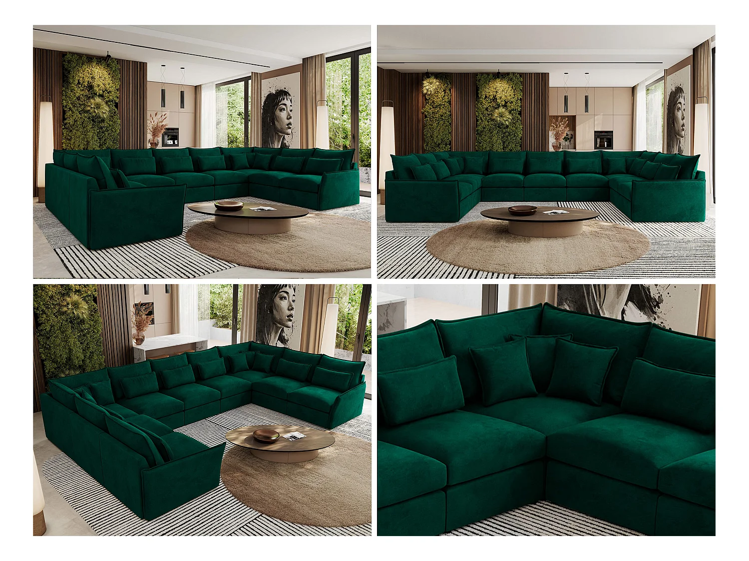 Ecksofa VERSO U9M - XXL Wohnlandschaft Ecke, modulare, Armlehnen und lose Kissen - Dunkelgrün Velvet