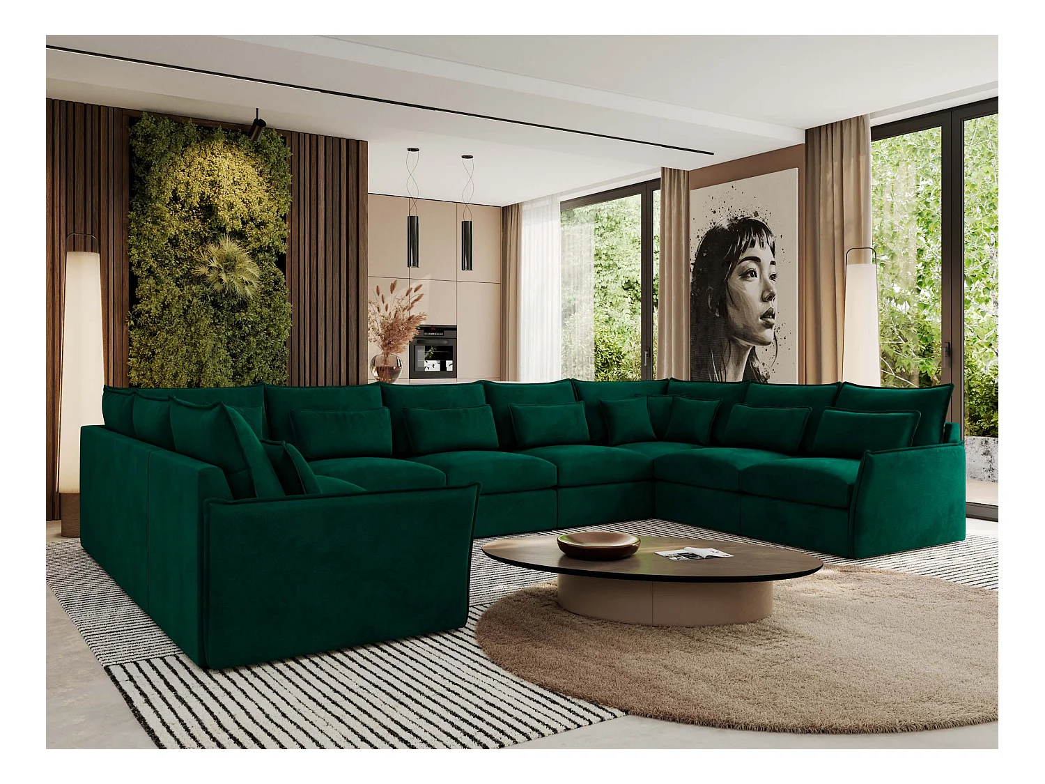 Ecksofa VERSO U9M - XXL Wohnlandschaft Ecke, modulare, Armlehnen und lose Kissen - Dunkelgrün Velvet