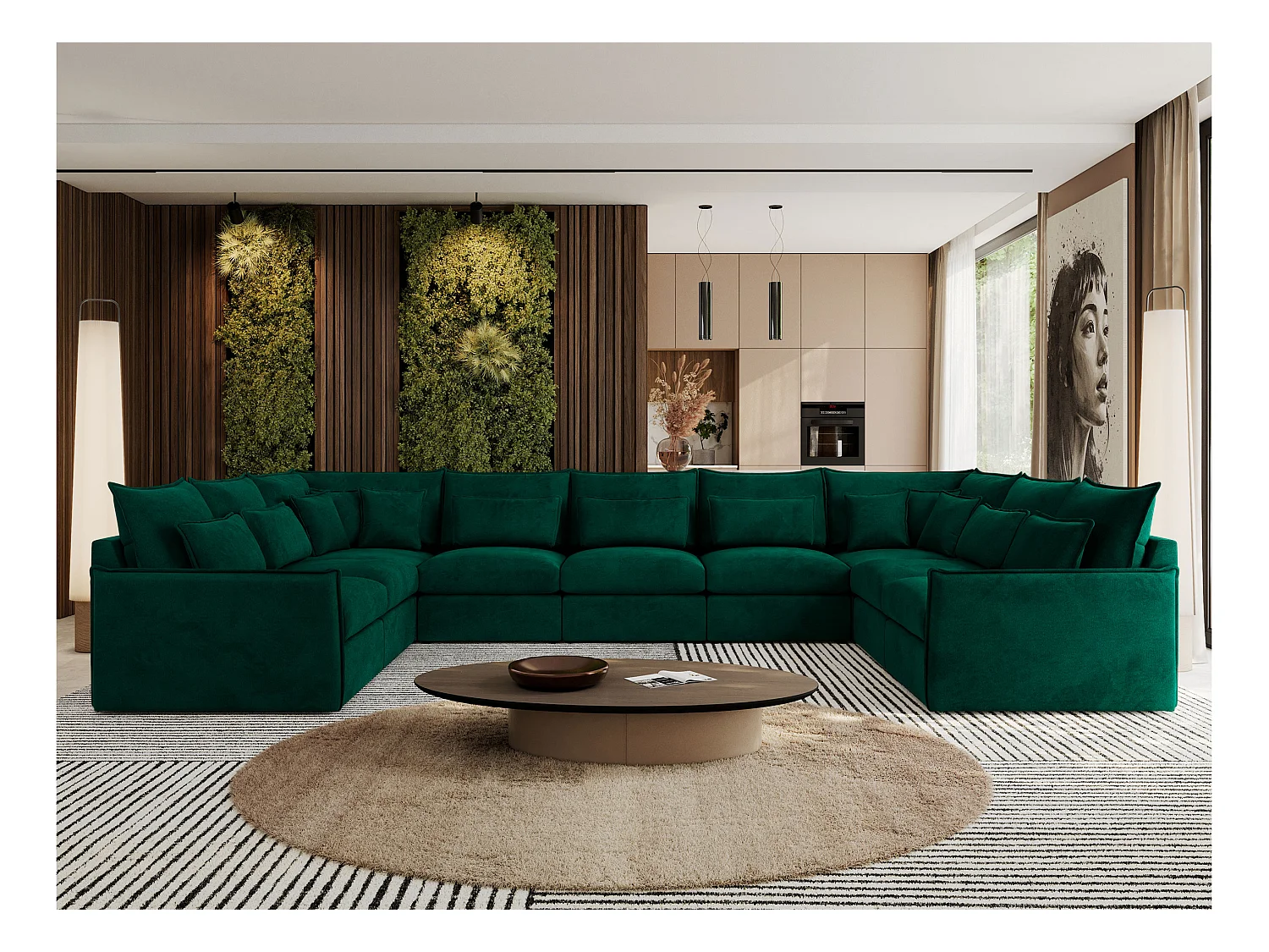 Ecksofa VERSO U9M - XXL Wohnlandschaft Ecke, modulare, Armlehnen und lose Kissen - Dunkelgrün Velvet