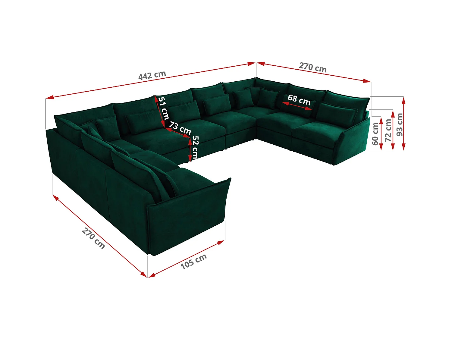 Ecksofa VERSO U9M - XXL Wohnlandschaft Ecke, modulare, Armlehnen und lose Kissen - Dunkelgrün Velvet