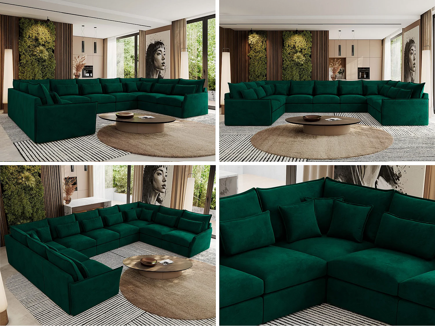 Ecksofa VERSO U9M - XXL Wohnlandschaft Ecke, modulare, Armlehnen und lose Kissen - Dunkelgrün Velvet