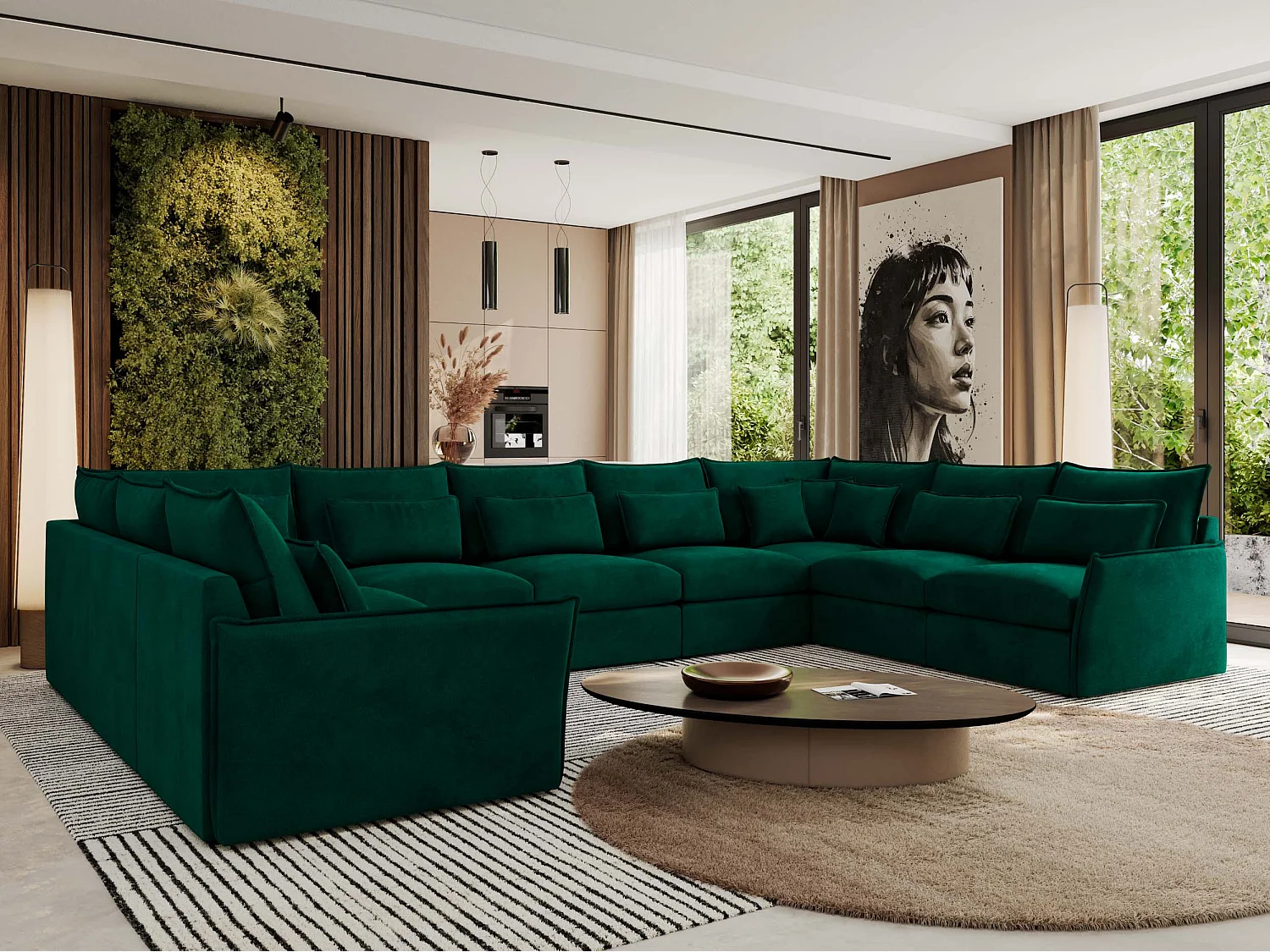 Ecksofa VERSO U9M - XXL Wohnlandschaft Ecke, modulare, Armlehnen und lose Kissen - Dunkelgrün Velvet