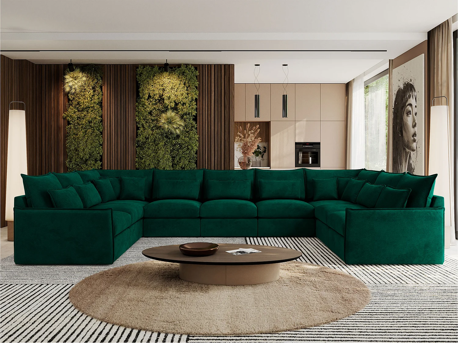 Ecksofa VERSO U9M - XXL Wohnlandschaft Ecke, modulare, Armlehnen und lose Kissen - Dunkelgrün Velvet