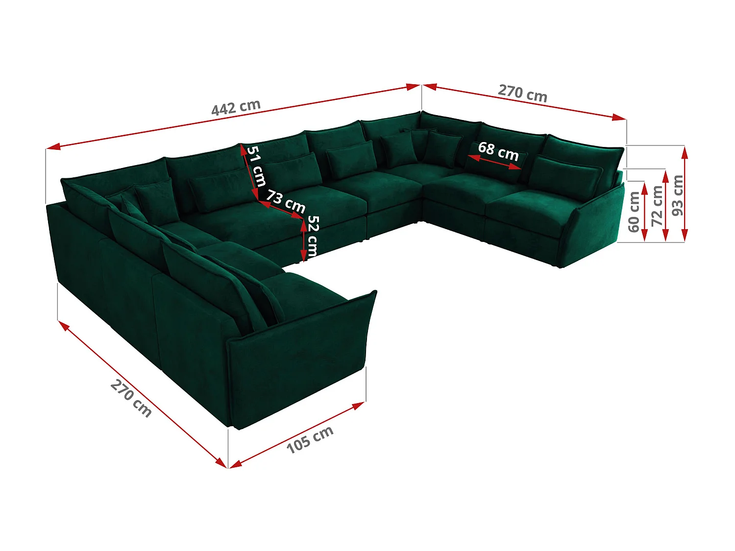 Ecksofa VERSO U9M - XXL Wohnlandschaft Ecke, modulare, Armlehnen und lose Kissen - Dunkelgrün Velvet