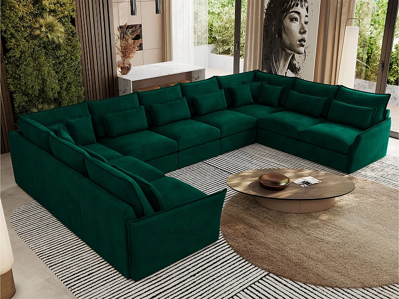 Ecksofa VERSO U9M - XXL Wohnlandschaft Ecke, modulare, Armlehnen und lose Kissen - Dunkelgrün Velvet