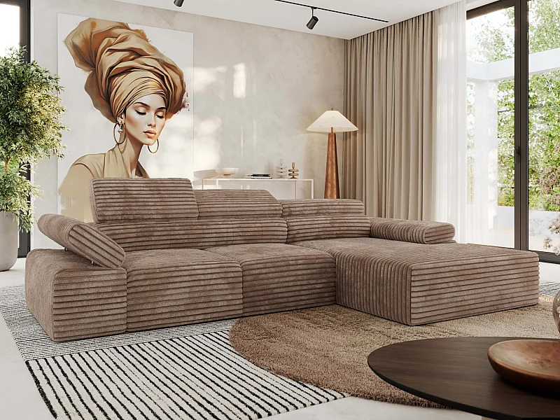 Ecksofa RILASSO - L-förmige Ecke mit Relax-funktion, elektrisch verstellbarer Sitz, Armlehnen - Braun Cord - Ecke Rechts