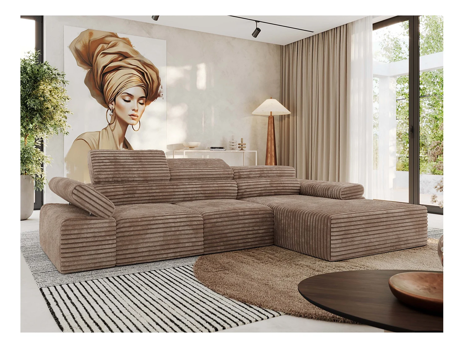 Ecksofa RILASSO - L-förmige Ecke mit Relax-funktion, elektrisch verstellbarer Sitz, Armlehnen - Braun Cord - Ecke Rechts