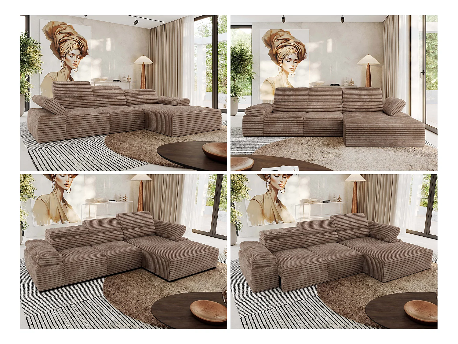 Ecksofa RILASSO - L-förmige Ecke mit Relax-funktion, elektrisch verstellbarer Sitz, Armlehnen - Braun Cord - Ecke Rechts