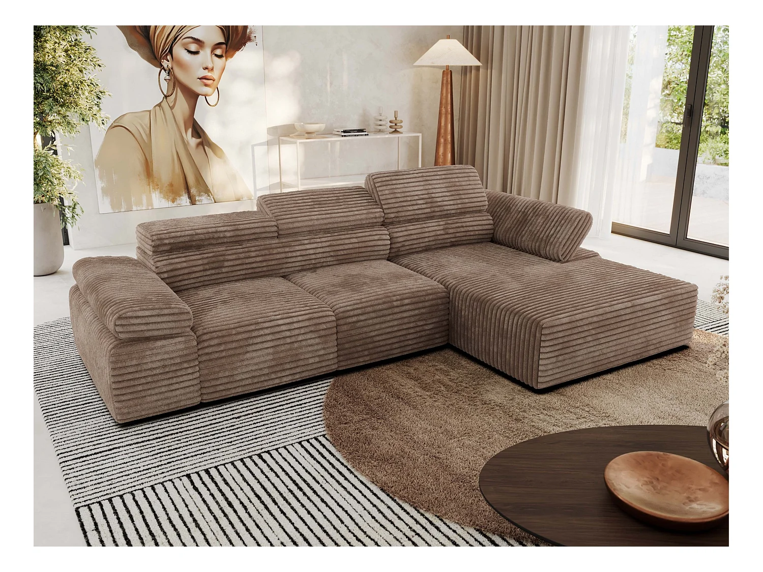 Ecksofa RILASSO - L-förmige Ecke mit Relax-funktion, elektrisch verstellbarer Sitz, Armlehnen - Braun Cord - Ecke Rechts