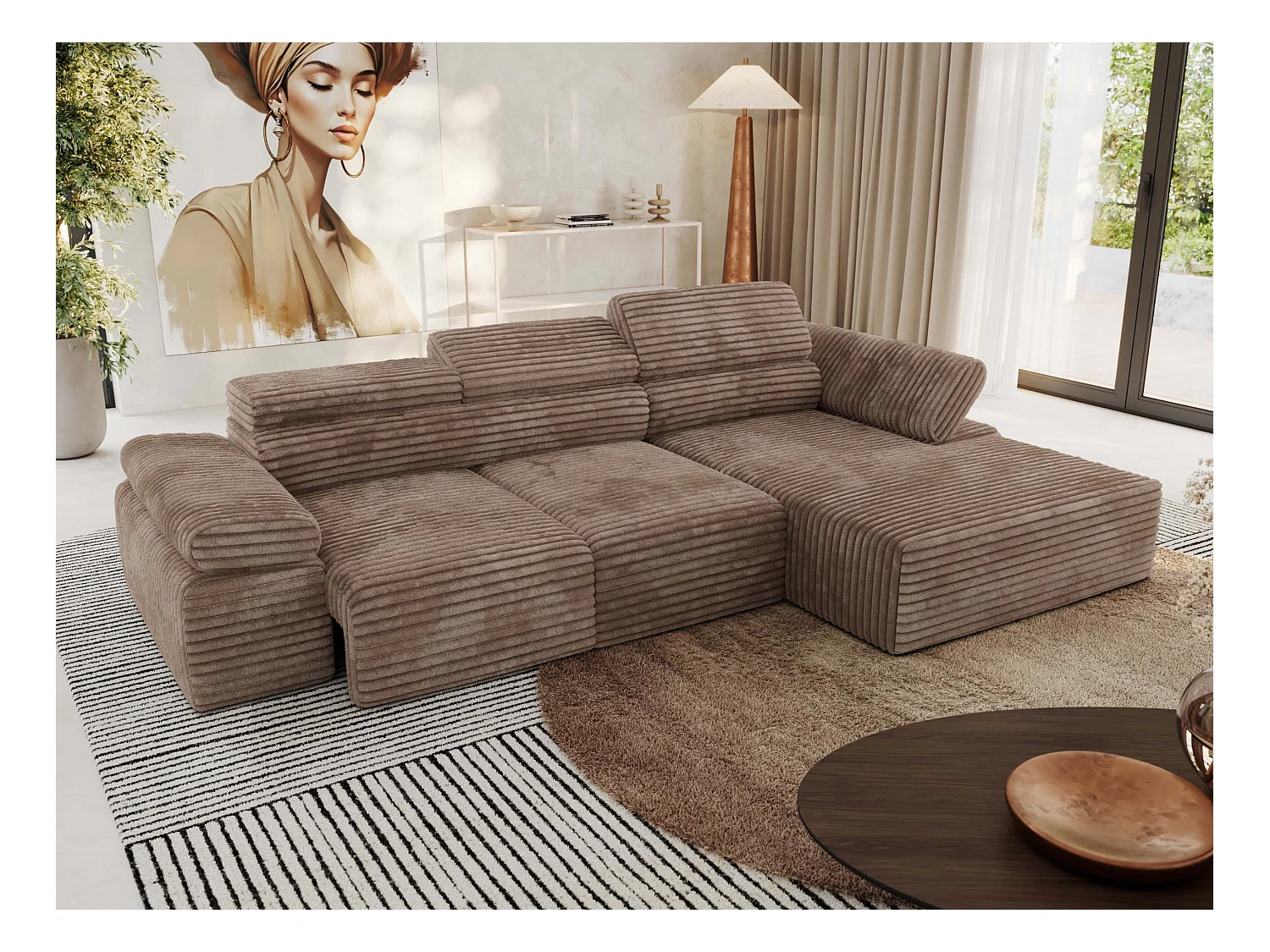 Ecksofa RILASSO - L-förmige Ecke mit Relax-funktion, elektrisch verstellbarer Sitz, Armlehnen - Braun Cord - Ecke Rechts
