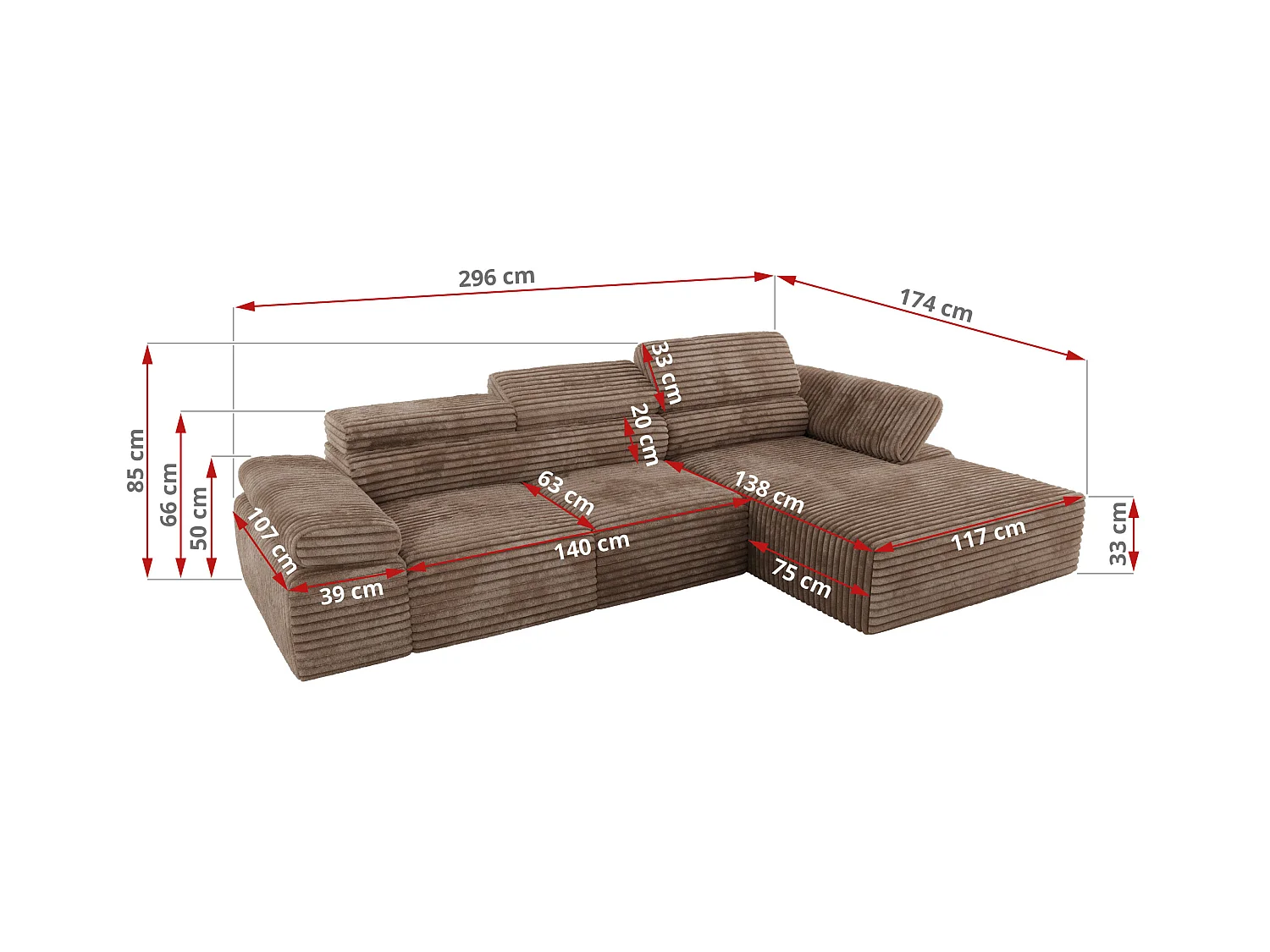 Ecksofa RILASSO - L-förmige Ecke mit Relax-funktion, elektrisch verstellbarer Sitz, Armlehnen - Braun Cord - Ecke Rechts