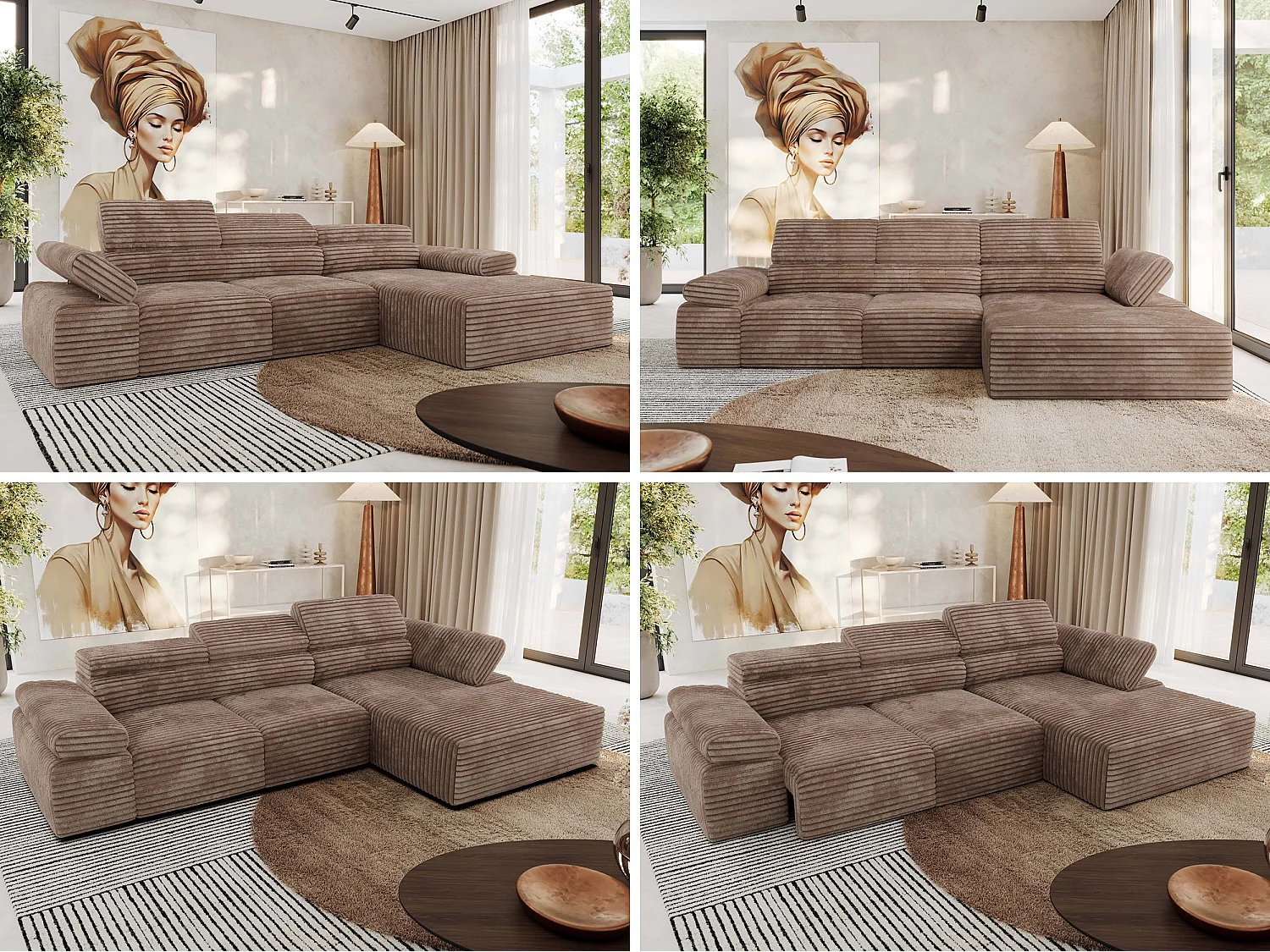 Ecksofa RILASSO - L-förmige Ecke mit Relax-funktion, elektrisch verstellbarer Sitz, Armlehnen - Braun Cord - Ecke Rechts