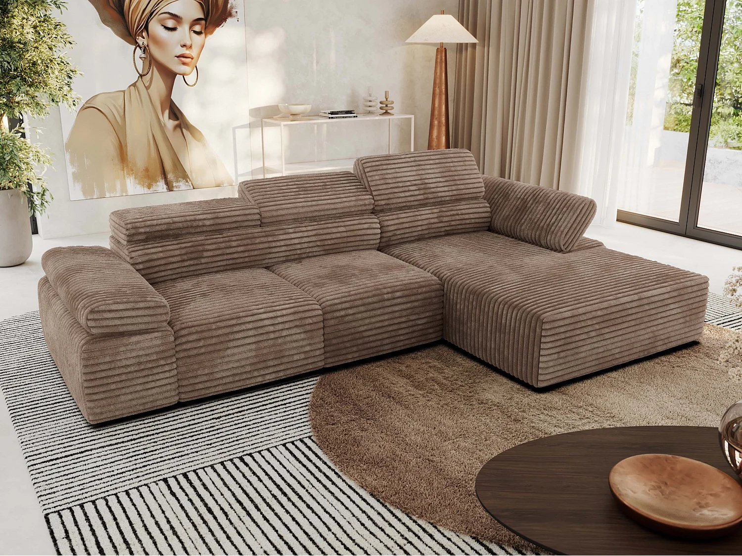 Ecksofa RILASSO - L-förmige Ecke mit Relax-funktion, elektrisch verstellbarer Sitz, Armlehnen - Braun Cord - Ecke Rechts