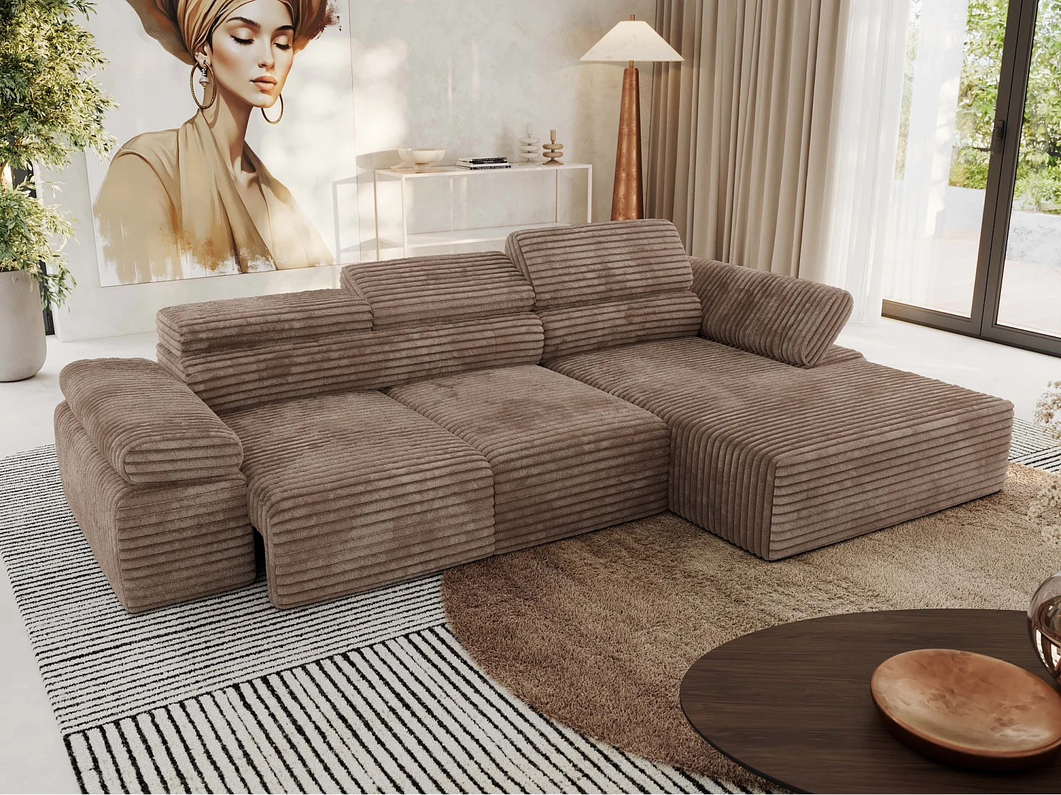 Ecksofa RILASSO - L-förmige Ecke mit Relax-funktion, elektrisch verstellbarer Sitz, Armlehnen - Braun Cord - Ecke Rechts