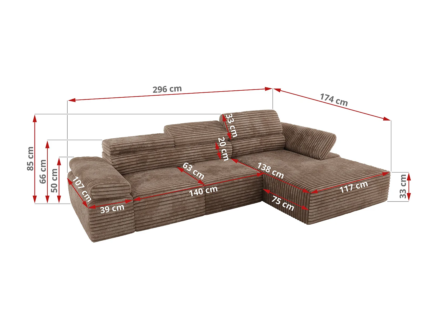 Ecksofa RILASSO - L-förmige Ecke mit Relax-funktion, elektrisch verstellbarer Sitz, Armlehnen - Braun Cord - Ecke Rechts