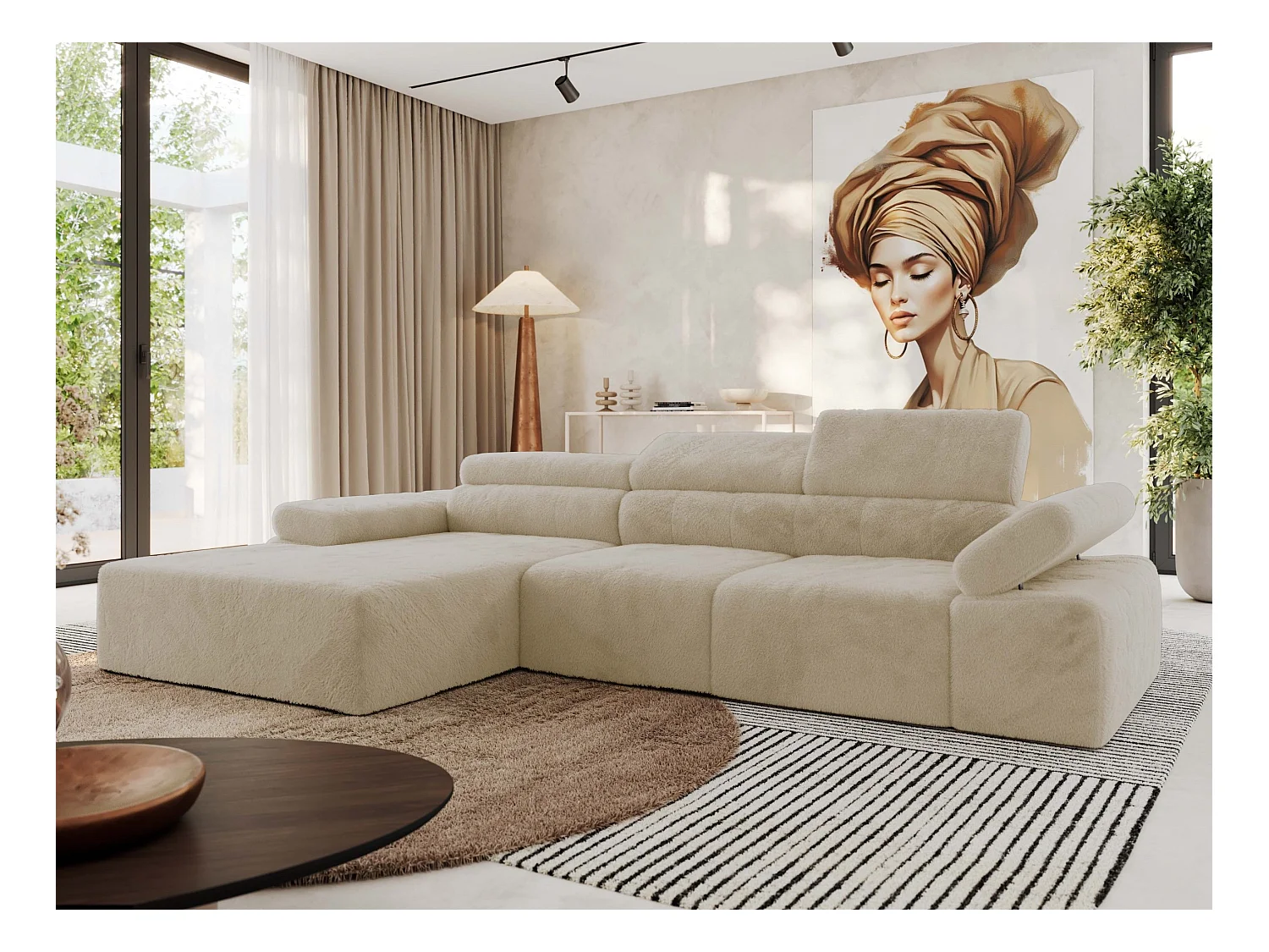 Ecksofa RILASSO - L-förmige Ecke mit Relax-funktion, elektrisch verstellbarer Sitz, Armlehnen - Creme Plüsch - Ecke Links