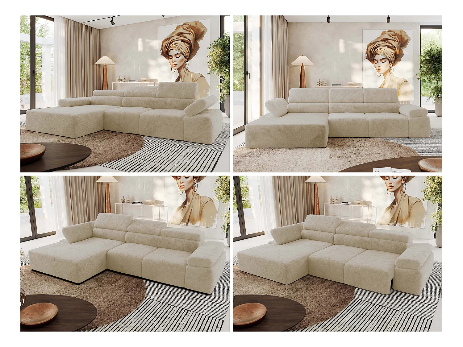 Ecksofa RILASSO - L-förmige Ecke mit Relax-funktion, elektrisch verstellbarer Sitz, Armlehnen - Creme Plüsch - Ecke Links