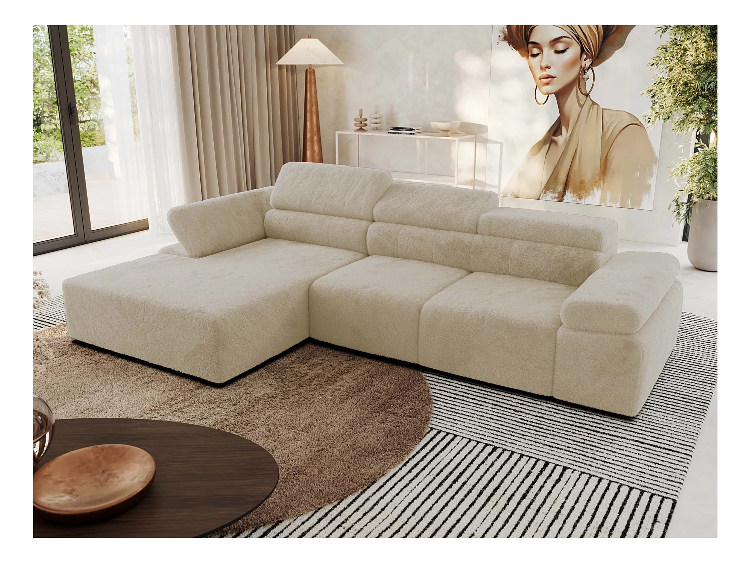 Ecksofa RILASSO - L-förmige Ecke mit Relax-funktion, elektrisch verstellbarer Sitz, Armlehnen - Creme Plüsch - Ecke Links
