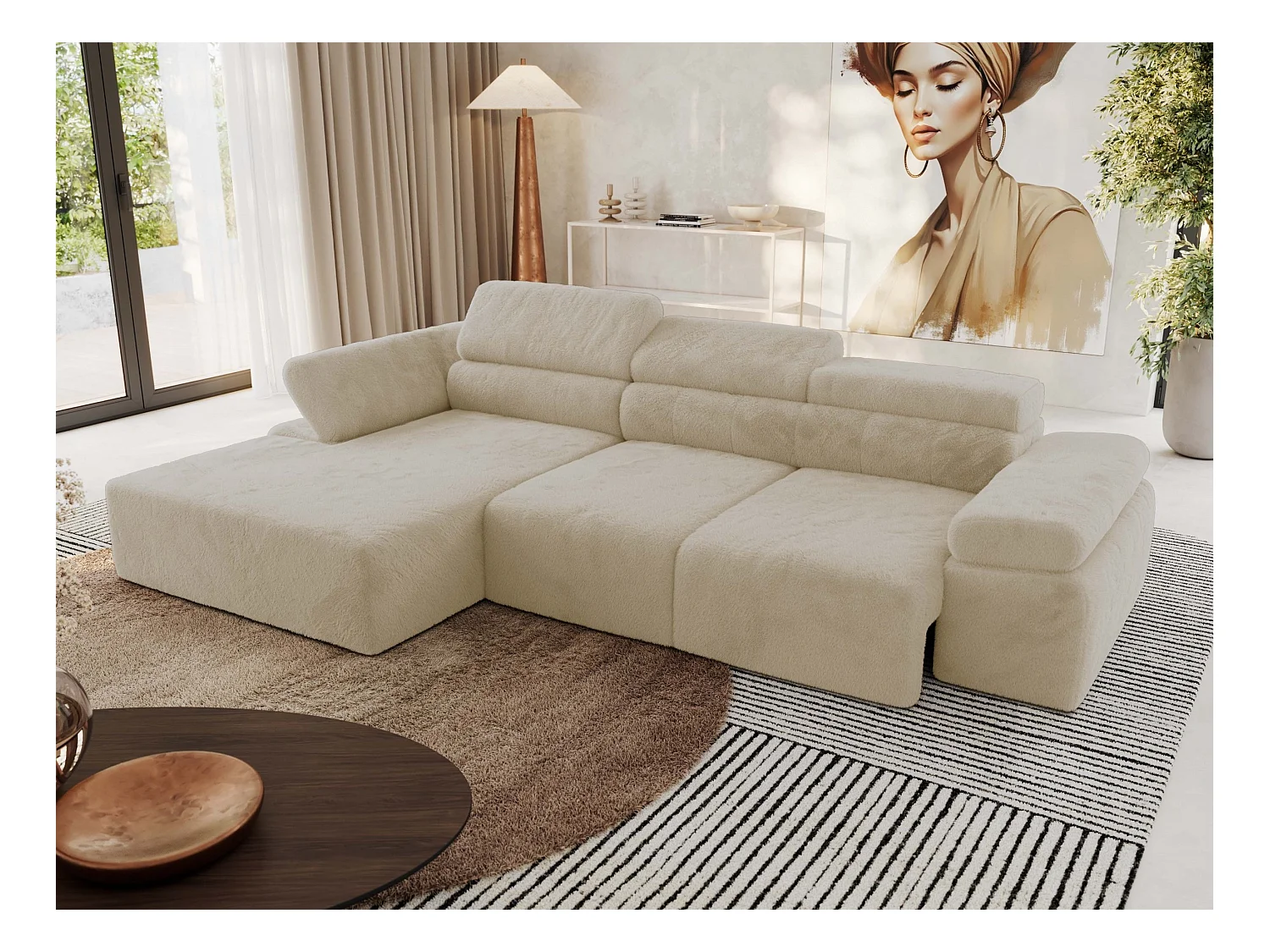 Ecksofa RILASSO - L-förmige Ecke mit Relax-funktion, elektrisch verstellbarer Sitz, Armlehnen - Creme Plüsch - Ecke Links