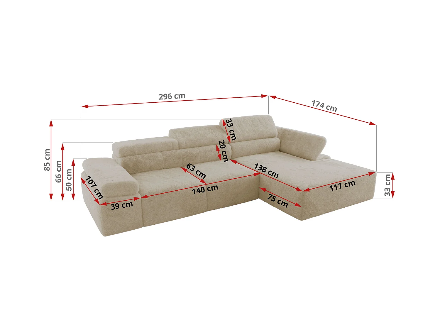 Ecksofa RILASSO - L-förmige Ecke mit Relax-funktion, elektrisch verstellbarer Sitz, Armlehnen - Creme Plüsch - Ecke Links