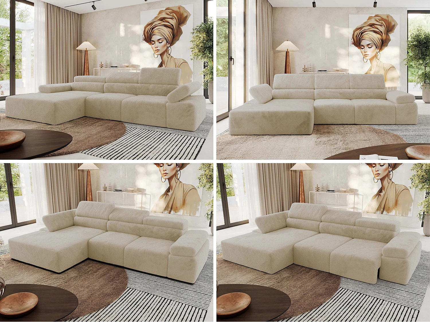 Ecksofa RILASSO - L-förmige Ecke mit Relax-funktion, elektrisch verstellbarer Sitz, Armlehnen - Creme Plüsch - Ecke Links