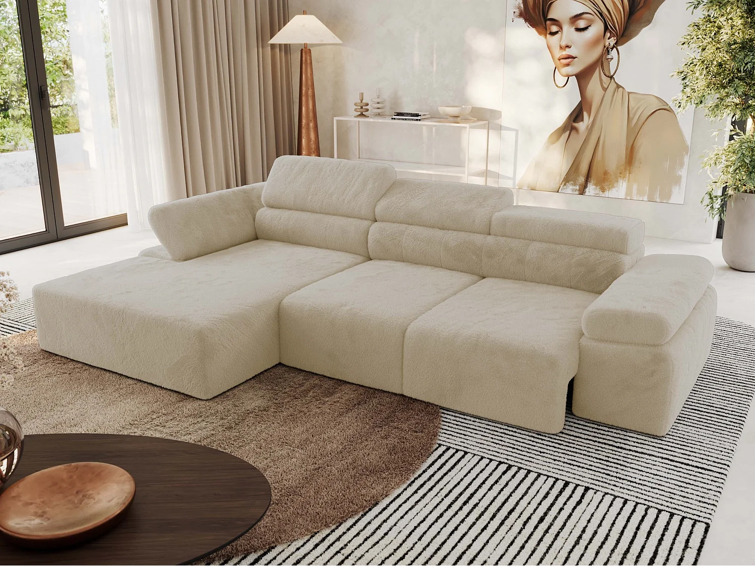 Ecksofa RILASSO - L-förmige Ecke mit Relax-funktion, elektrisch verstellbarer Sitz, Armlehnen - Creme Plüsch - Ecke Links