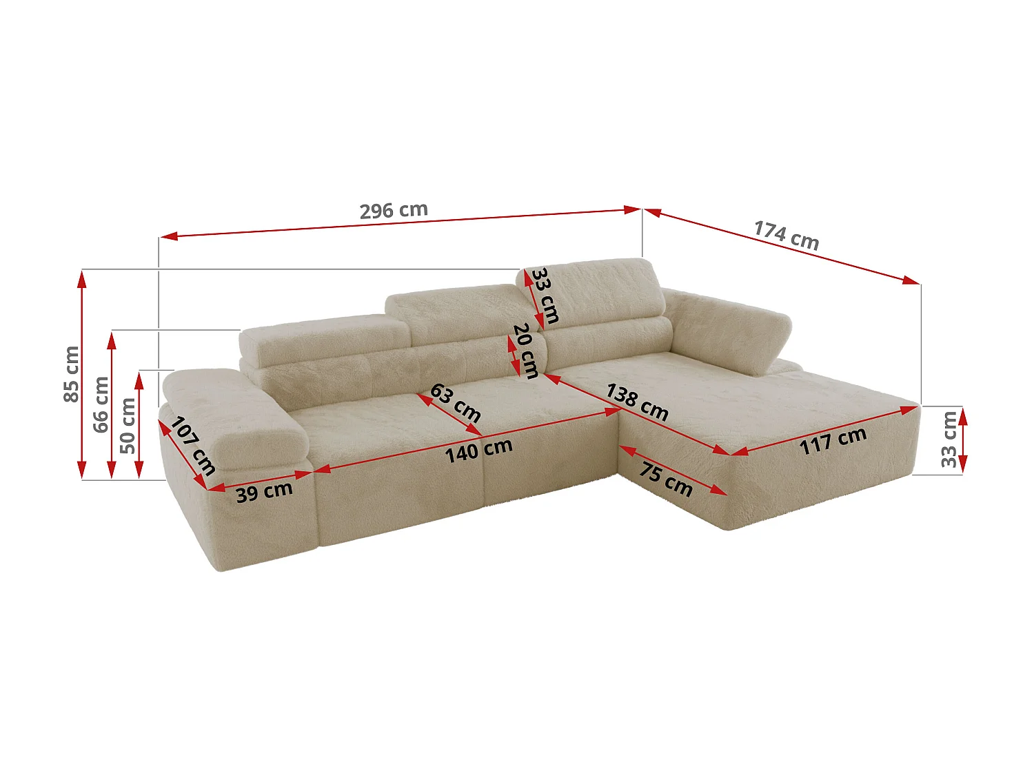 Ecksofa RILASSO - L-förmige Ecke mit Relax-funktion, elektrisch verstellbarer Sitz, Armlehnen - Creme Plüsch - Ecke Links