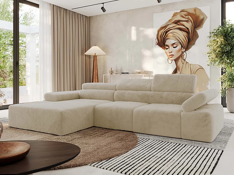 Ecksofa RILASSO - L-förmige Ecke mit Relax-funktion, elektrisch verstellbarer Sitz, Armlehnen - Creme Plüsch - Ecke Links