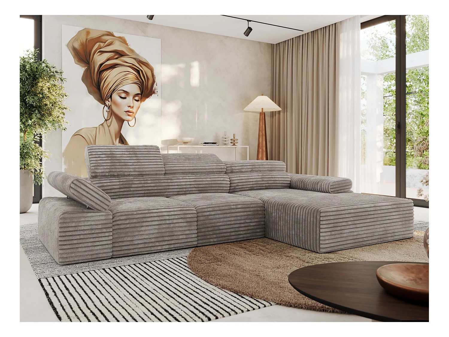Ecksofa RILASSO - L-förmige Ecke mit Relax-funktion, elektrisch verstellbarer Sitz, Armlehnen - Hellbraun Cord - Ecke Rechts