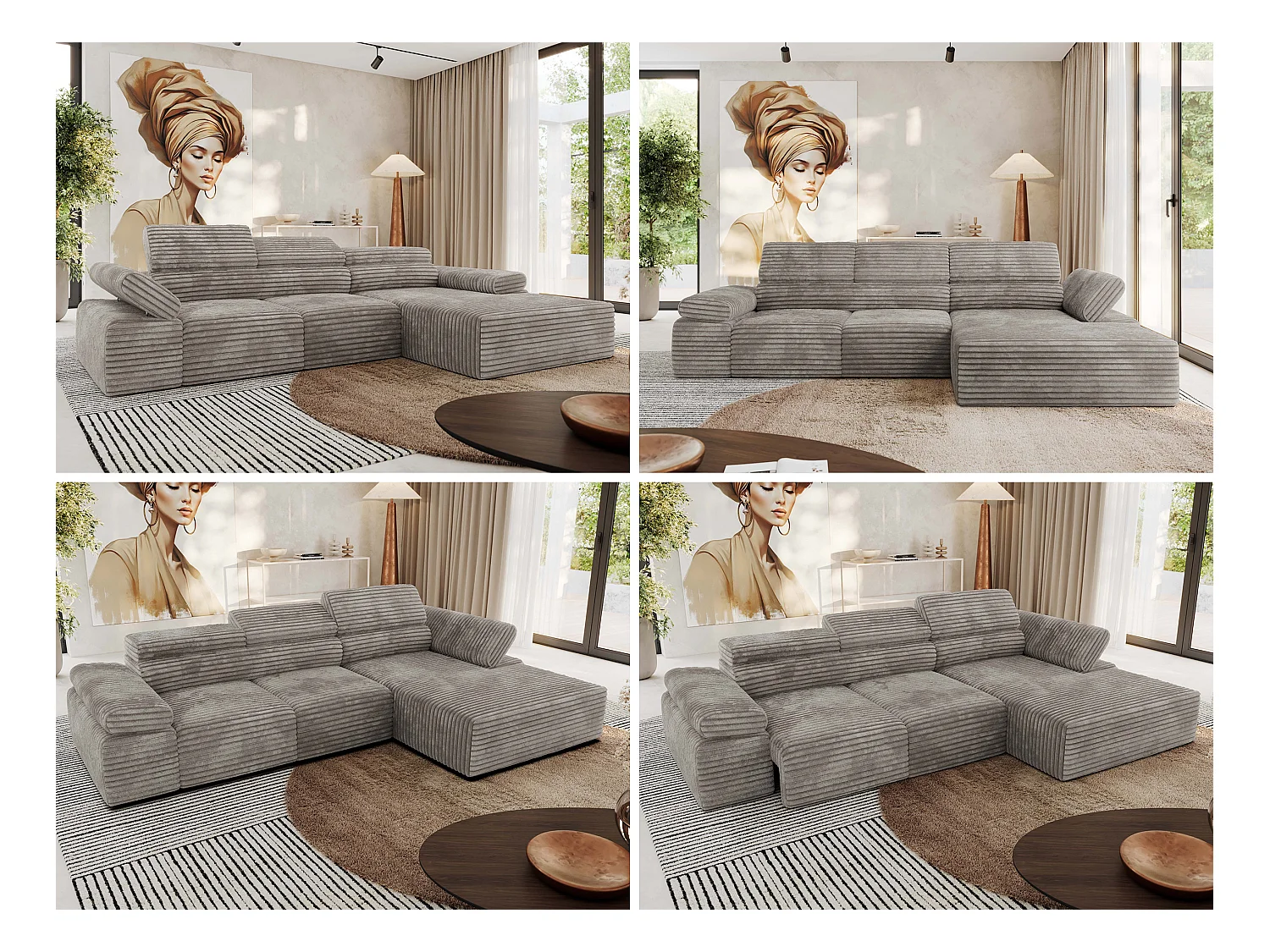 Ecksofa RILASSO - L-förmige Ecke mit Relax-funktion, elektrisch verstellbarer Sitz, Armlehnen - Hellbraun Cord - Ecke Rechts