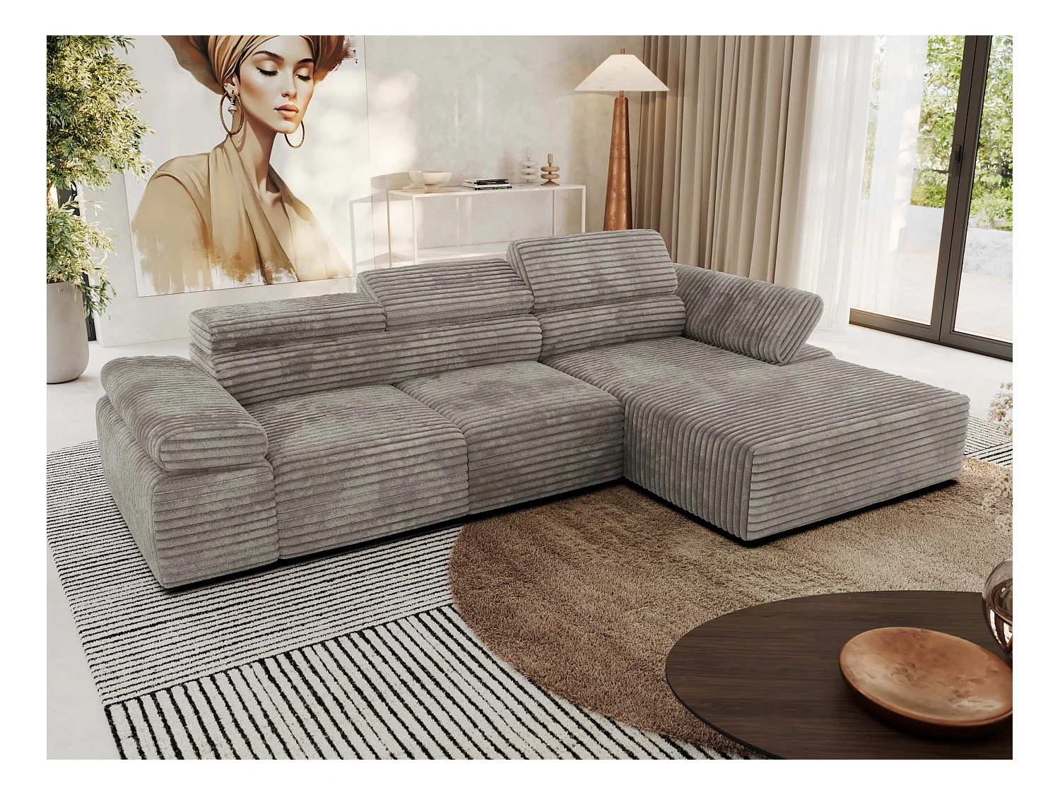 Ecksofa RILASSO - L-förmige Ecke mit Relax-funktion, elektrisch verstellbarer Sitz, Armlehnen - Hellbraun Cord - Ecke Rechts
