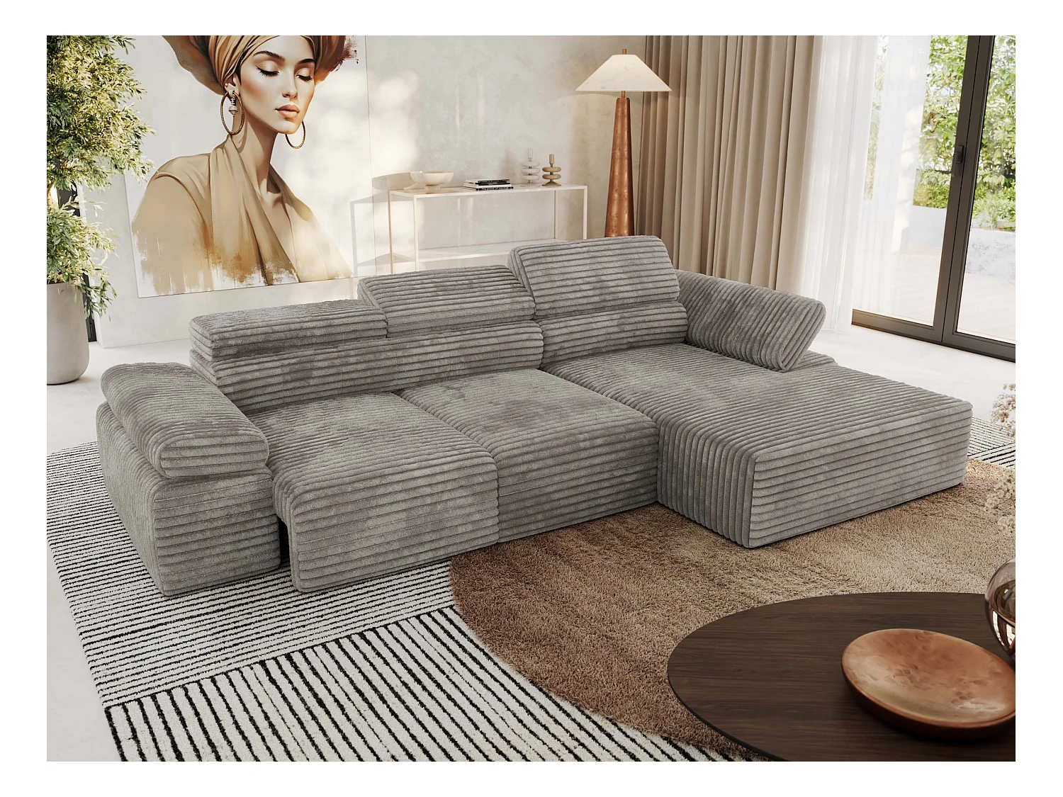 Ecksofa RILASSO - L-förmige Ecke mit Relax-funktion, elektrisch verstellbarer Sitz, Armlehnen - Hellbraun Cord - Ecke Rechts