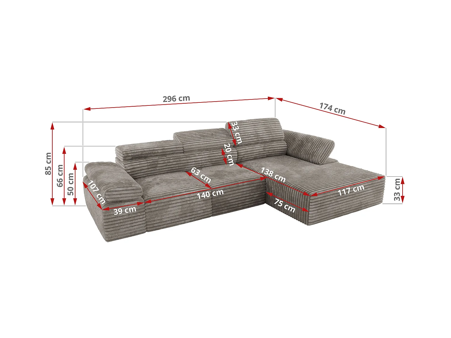 Ecksofa RILASSO - L-förmige Ecke mit Relax-funktion, elektrisch verstellbarer Sitz, Armlehnen - Hellbraun Cord - Ecke Rechts