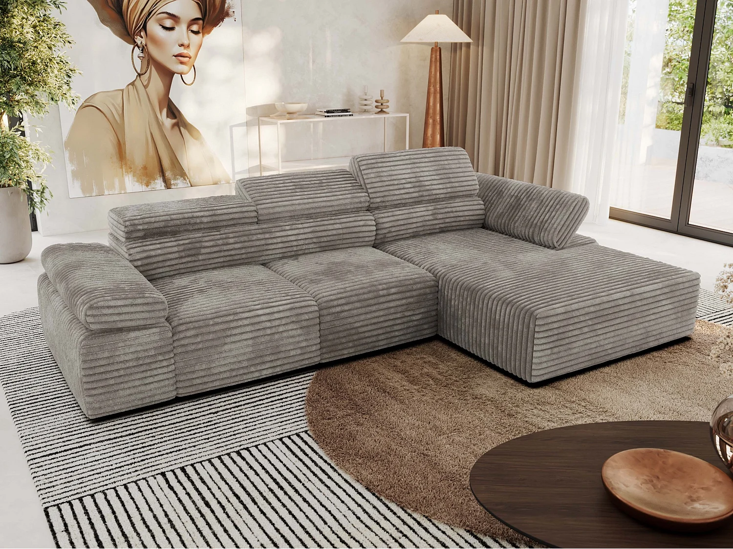 Ecksofa RILASSO - L-förmige Ecke mit Relax-funktion, elektrisch verstellbarer Sitz, Armlehnen - Hellbraun Cord - Ecke Rechts