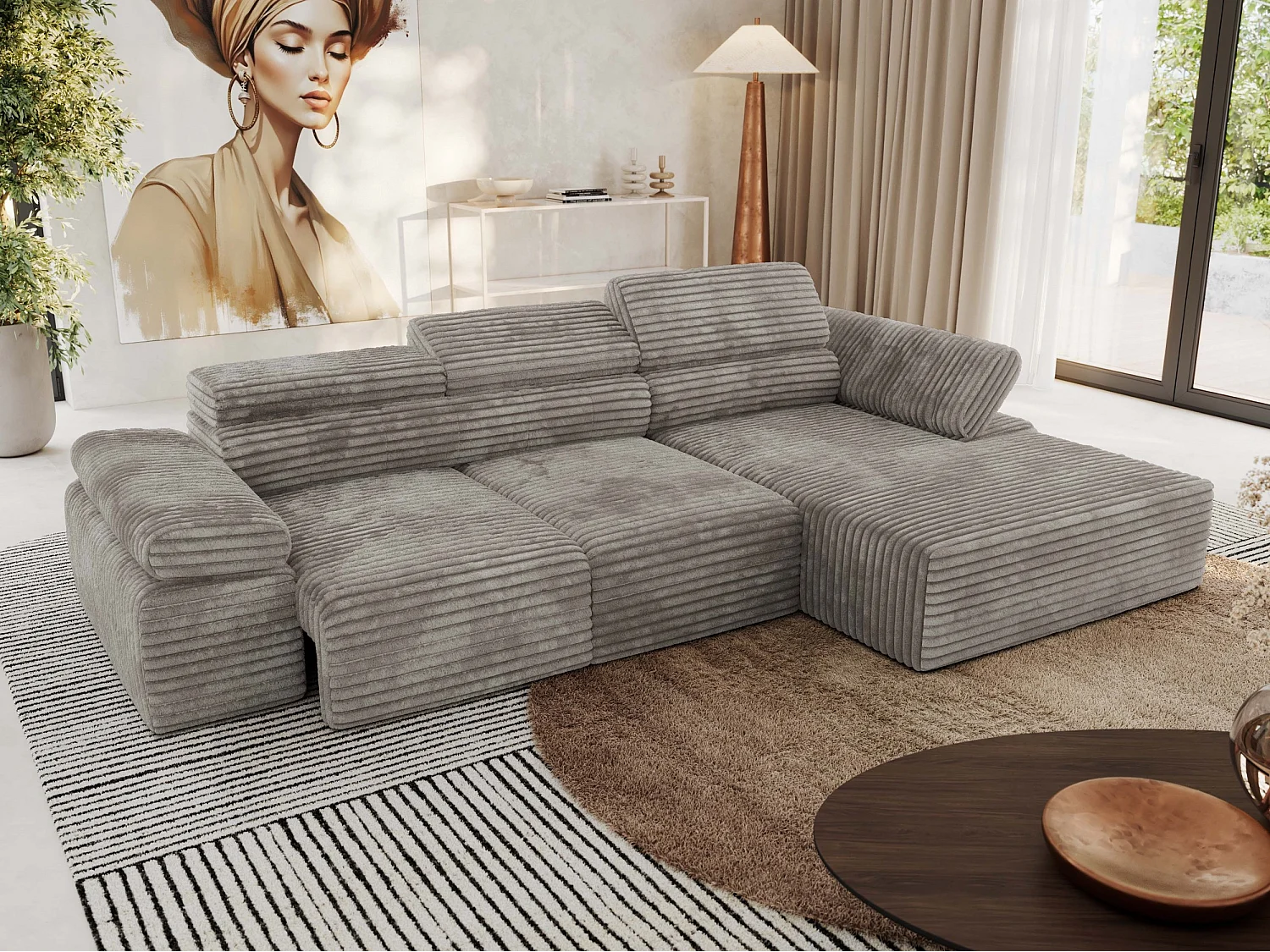 Ecksofa RILASSO - L-förmige Ecke mit Relax-funktion, elektrisch verstellbarer Sitz, Armlehnen - Hellbraun Cord - Ecke Rechts