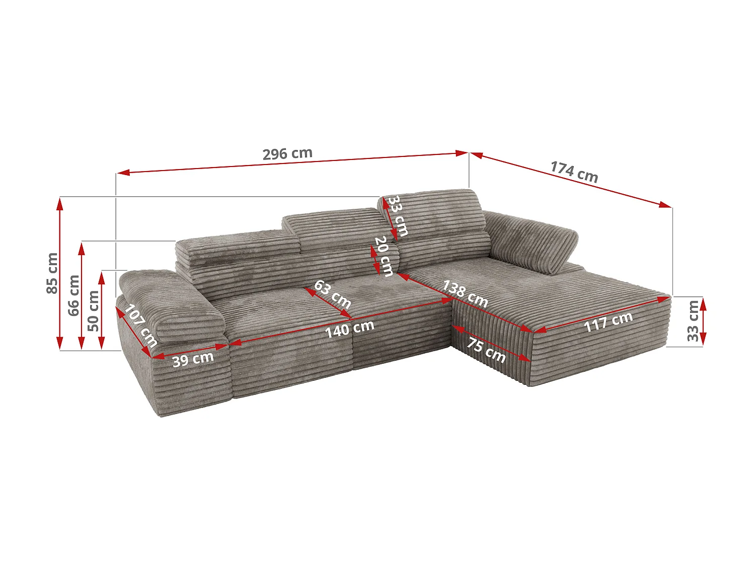 Ecksofa RILASSO - L-förmige Ecke mit Relax-funktion, elektrisch verstellbarer Sitz, Armlehnen - Hellbraun Cord - Ecke Rechts