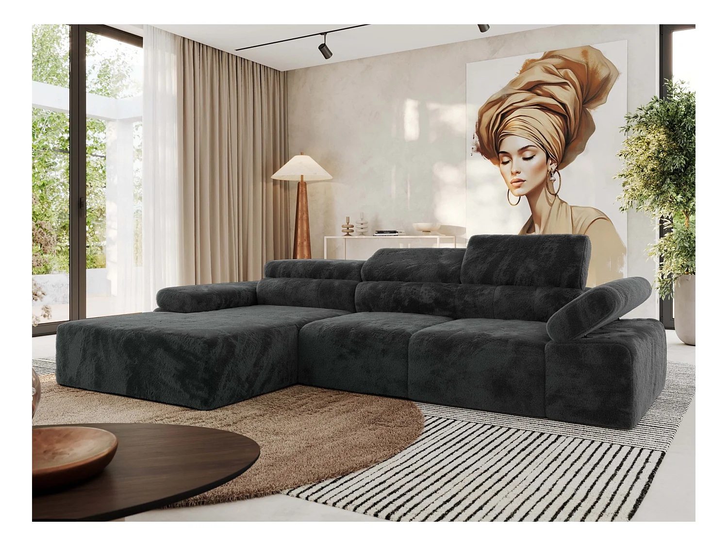Ecksofa RILASSO - L-förmige Ecke mit Relax-funktion, elektrisch verstellbarer Sitz, Armlehnen - Dunkelgrau Plüsch - Ecke Links