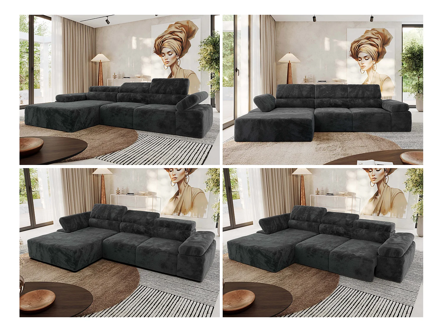 Ecksofa RILASSO - L-förmige Ecke mit Relax-funktion, elektrisch verstellbarer Sitz, Armlehnen - Dunkelgrau Plüsch - Ecke Links