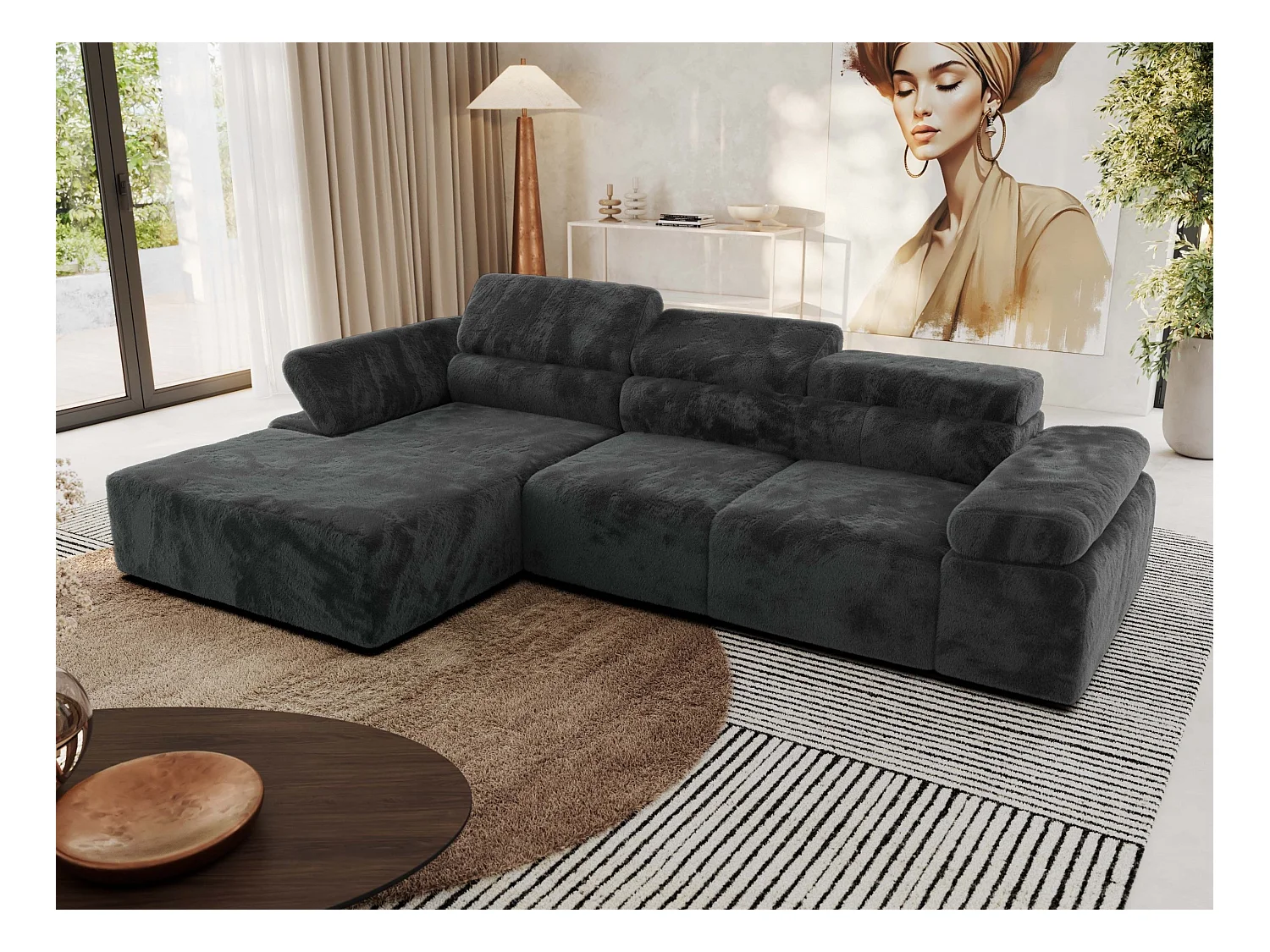 Ecksofa RILASSO - L-förmige Ecke mit Relax-funktion, elektrisch verstellbarer Sitz, Armlehnen - Dunkelgrau Plüsch - Ecke Links